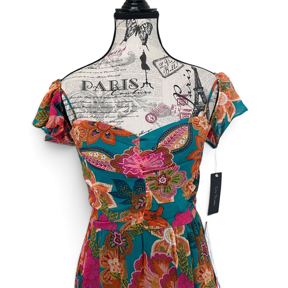 City Studio Maxi Dress Womens L Teal Floral Sweetheart Flutter Sleeve Tropical